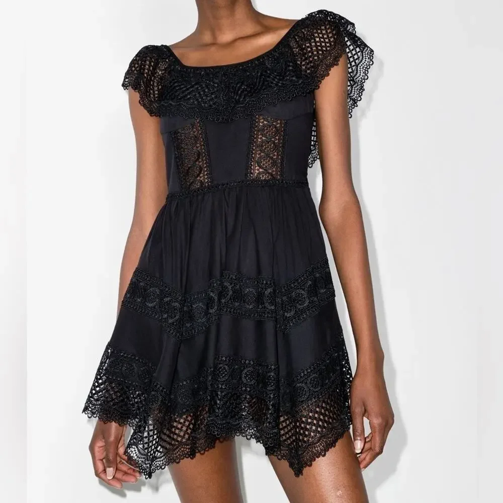 Charo Ruiz Ibiza Black Off Shoulder Lace Layered Asymmetric Vaiana Dress L - Picture 8 of 12